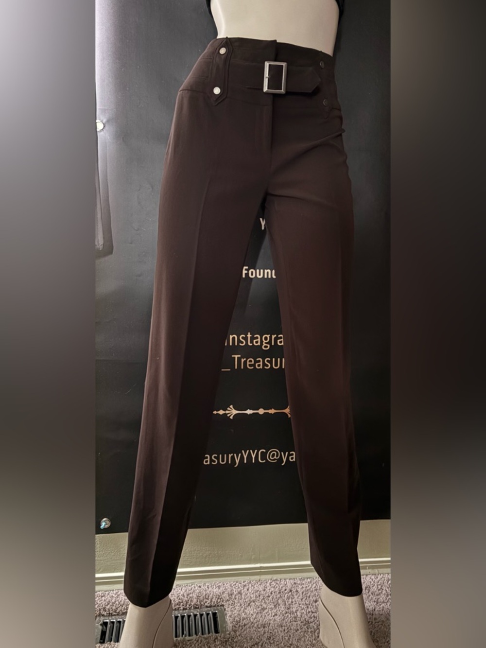 High-Rise Straight Leg Trousers in Dark Brown with Belt